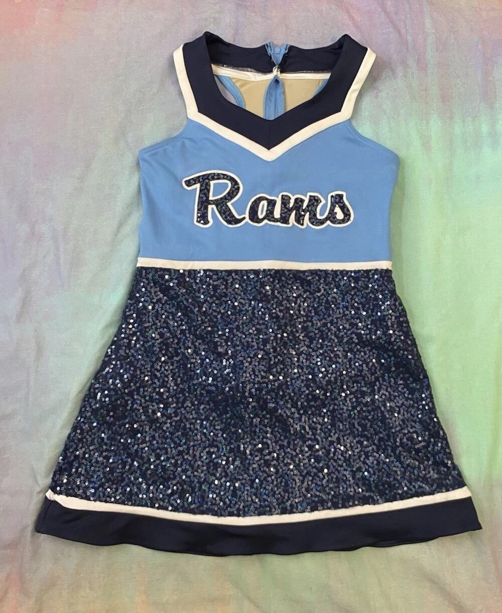 Y2K Varsity Spirit Cheerleader Dress Sequin Competition Rams Blue Teen Sz YL AXS